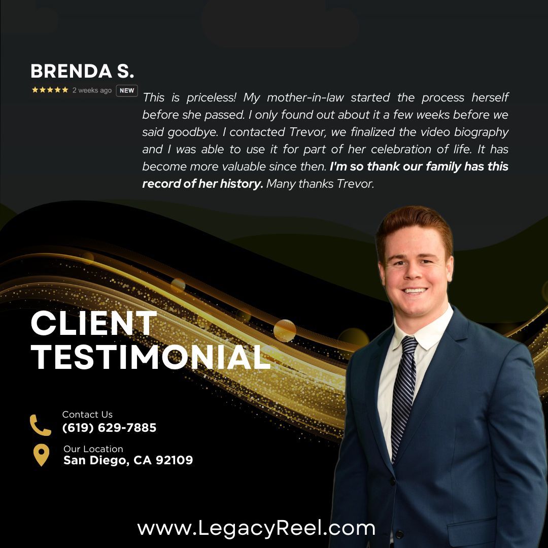 Thanks Brenda for your 5-star review! LegacyReel captures memories of loved ones to share forever. Let us know who in your life you’d like to capture! 

 #LegacyReel #VideoBiography #FamilyHistory
