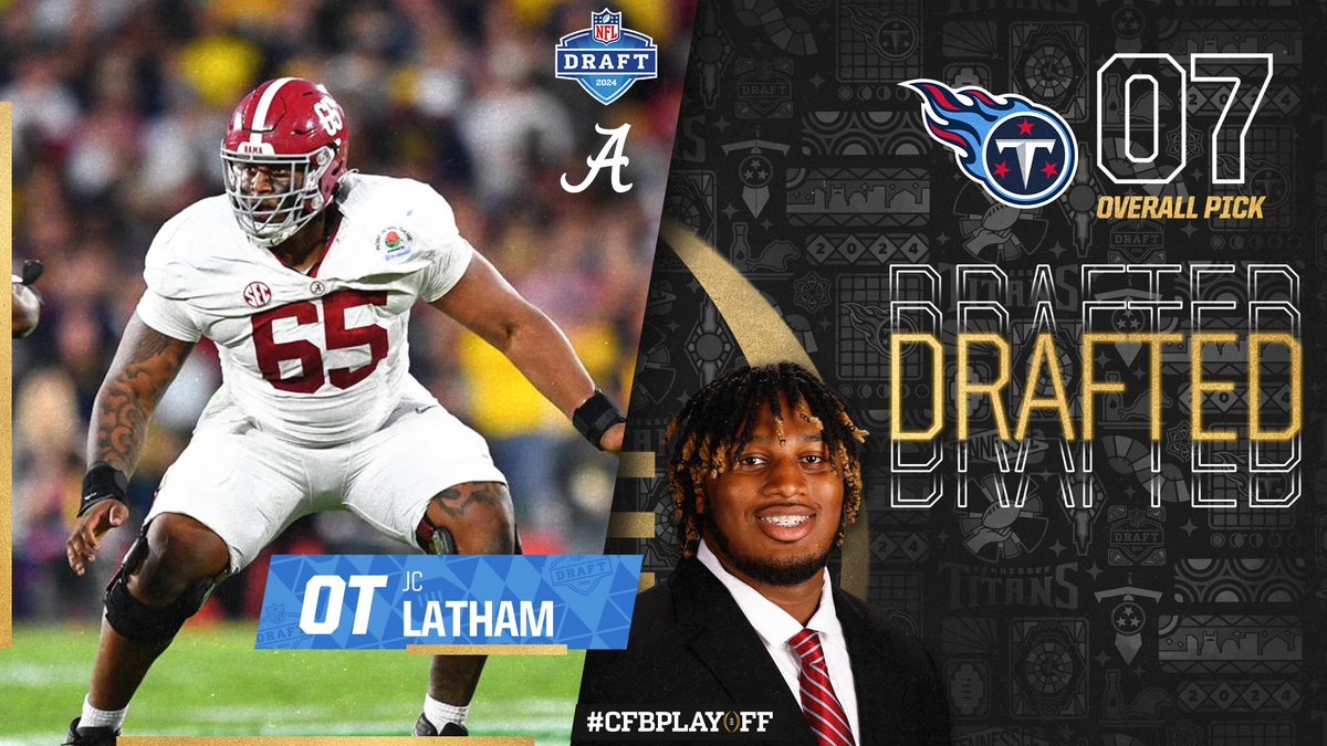 A figurative titan at tackle now a literal Titan. Congratulations to two-time #CFBPlayoff participant and @AlabamaFTBL OT JC Latham (@TKJaayy), who was selected seventh overall in the 2024 #NFLDraft by the Tennessee @Titans!