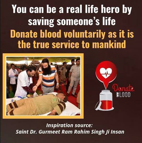 Blood donation is a great donation.  Following the inspiration of Saint Dr.MSG,followers of Dera Sacha Sauda donate blood regularly.Let us also save someone's life by donating blood and get our share in this great donation.
#BloodDonation
#DonateBloodSaveLives