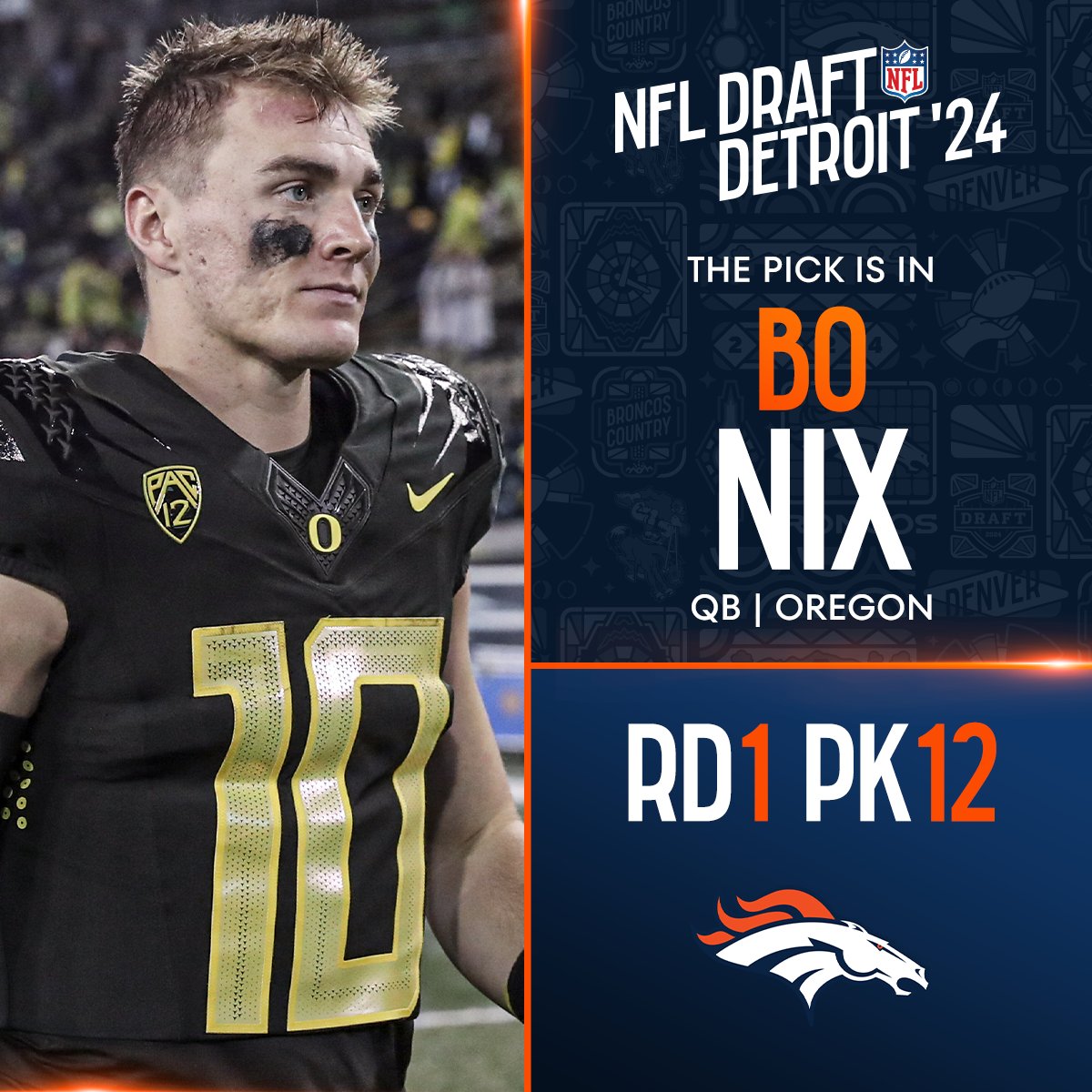 With the No. 12 overall pick in the 2024 @NFLDraft, the @Broncos select Bo Nix! @NewEraCap 📺: #NFLDraft on NFLN/ESPN/ABC 📱: Stream on #NFLPlus