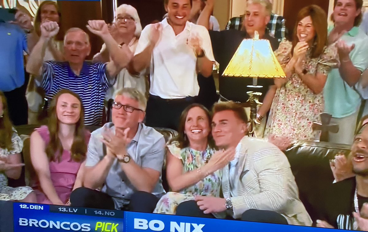 Awesome. Legendary @N_H_S_Football head coach Conrad Nix (top left) celebrates his grandson Bo getting drafted by the Denver Broncos at #12 #NFLDraft