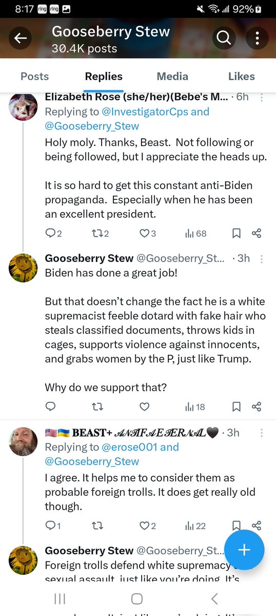 I have about 300 hundred mutuals following this Biden Hater. I will be blocking those of you who want to stay following him.He thinks Biden is a terrible person. He is @Goosebery_Stew.