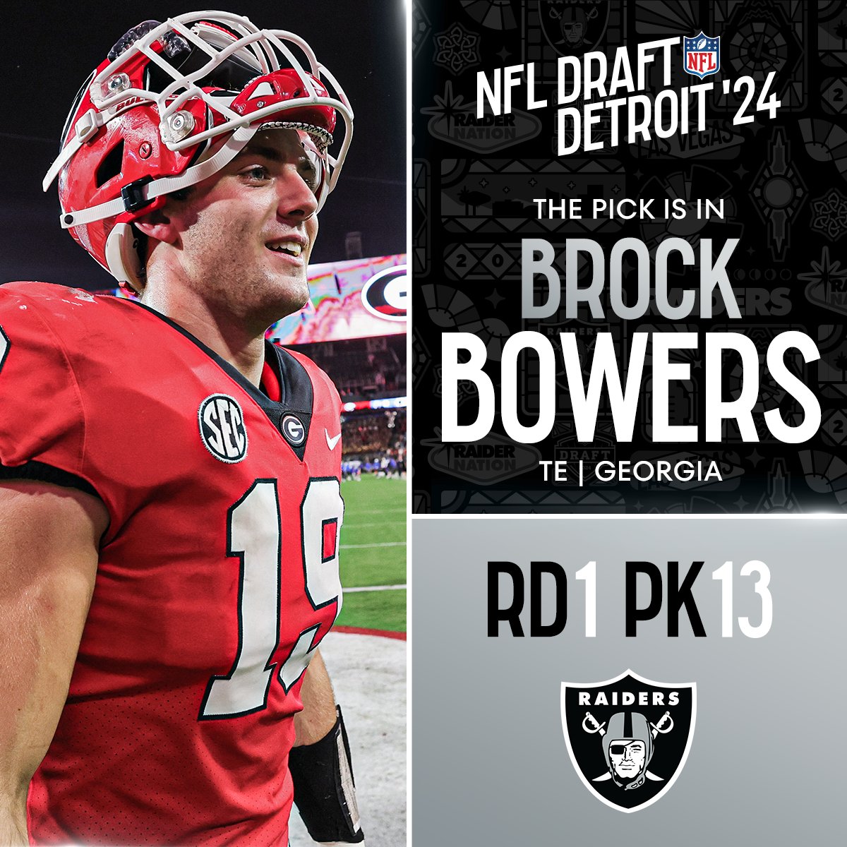 With the No. 13 overall pick in the 2024 @NFLDraft, the @Raiders select Brock Bowers! @NewEraCap 📺: #NFLDraft on NFLN/ESPN/ABC 📱: Stream on #NFLPlus