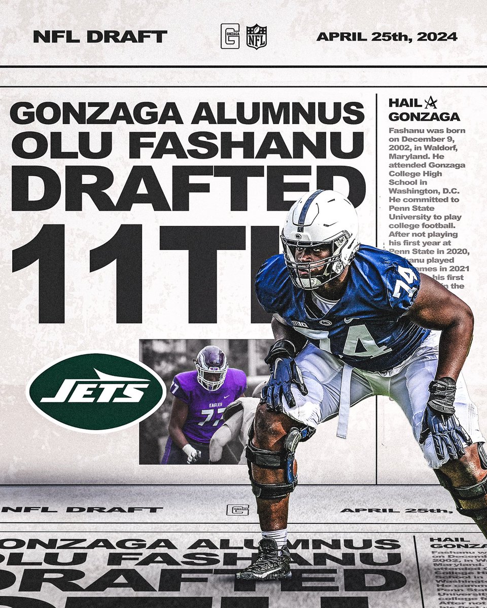 “With the 11th pick in the 2024 @NFL Draft, the @NYjets select Olu Fashanu.”

Congratulations to Gonzaga Class of 2020 grad Olu! Go Eagles!

#HailGonzaga #PurpleIsForever💜🦅 #AMDG