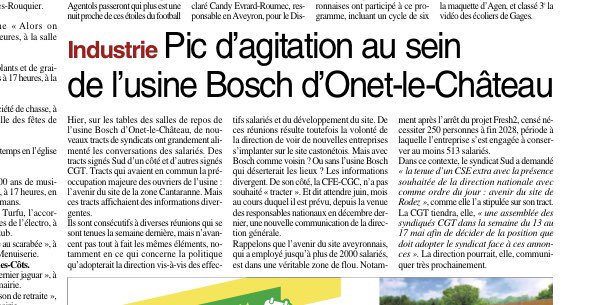 Aveyron :
Usine BOSCH 
La grogne sociale prend de l’ampleur.
Tout mon soutien au salariés .
#Occitanie #Rodez 
#OuEstChartier #OuEstLeMonegasque