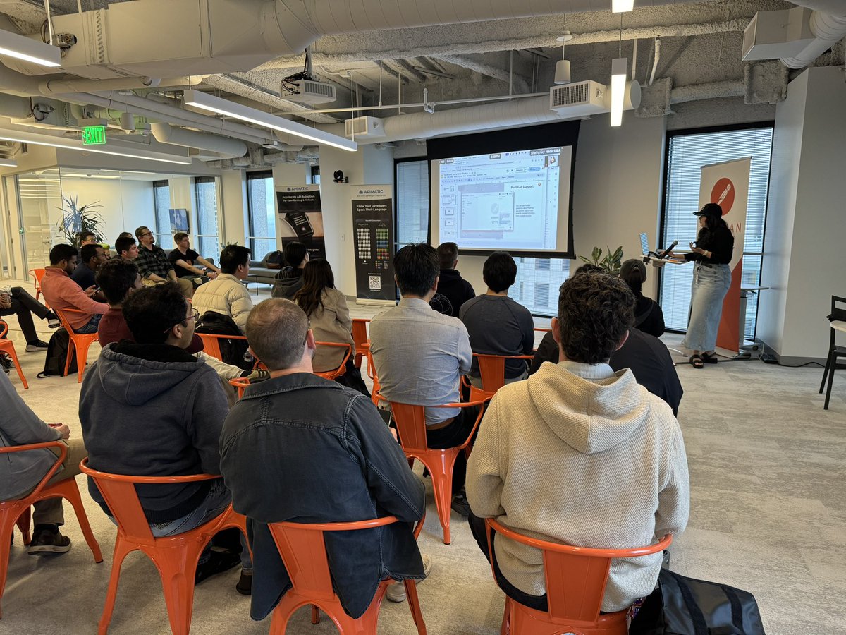patricia_dugan's tweet photo. 😀 my teammate, @poojamakes is absolutely crushing it rn, educating about #Postbot, built by @getpostman, at tonight’s meetup that’s held in collaboration with @sidneyallen of @APIMatic. 🎉 https://t.co/yTIncqvs0G