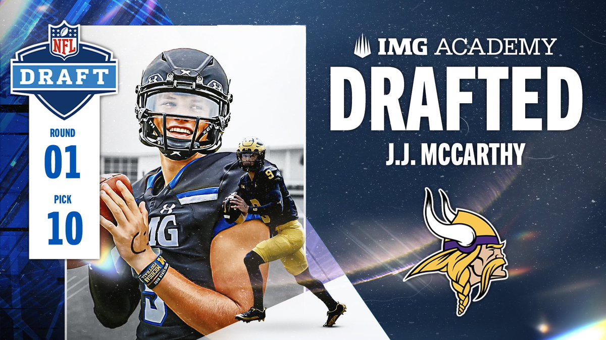 THE PICK IS IN‼️ #SKOL @jjmccarthy09 ➡️ @Vikings ￼McCarthy is the highest IMG Academy alumni quarterback ever selected in NFL Draft history and first time in program history to have two first round draftees! #NFLDraft | #IMGAFamily | #Brotherhood