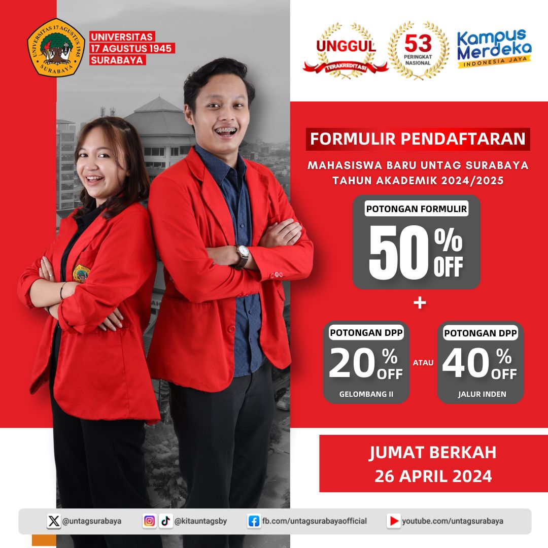 Setiap Jumat, Untag Surabaya memberikan kesempatan yang menarik untuk mahasiswa baru Untag Surabaya. 

Klaim diskonnya secara online dengan mengunjungi website pmb.untag-sby.ac.id - Wa 08113001716.
#JumatBerkah 
#PendaftaranMahasiswaBaru
#KampusKompeten
#KampusPilihanAnakMuda
