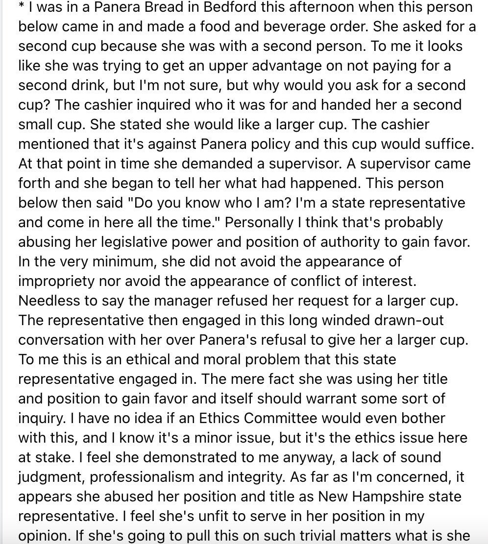 Don't you dare get in between Rep. Lanza (D-Goffstown) and her scam of getting a drink and not paying for it! She will quickly let you know who she is and why she is entitled to free stuff from Panera. She won by 7 votes in 2022. #nhpolitics