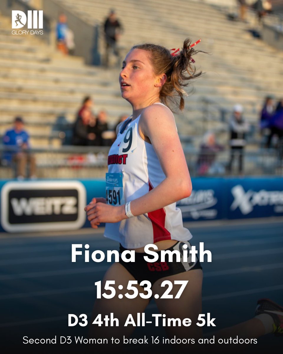 Adding to her legacy At the Drake Relays, Fiona Smith becomes the 2nd woman in D3 history to break 16 indoors & outdoors. She is the 5th woman to break the barrier and the 2nd this season! Joins: Kassie Parker Missy Buttry Ella Baran Fiona Smith Grace Hadley 📸: @janfigueroa07