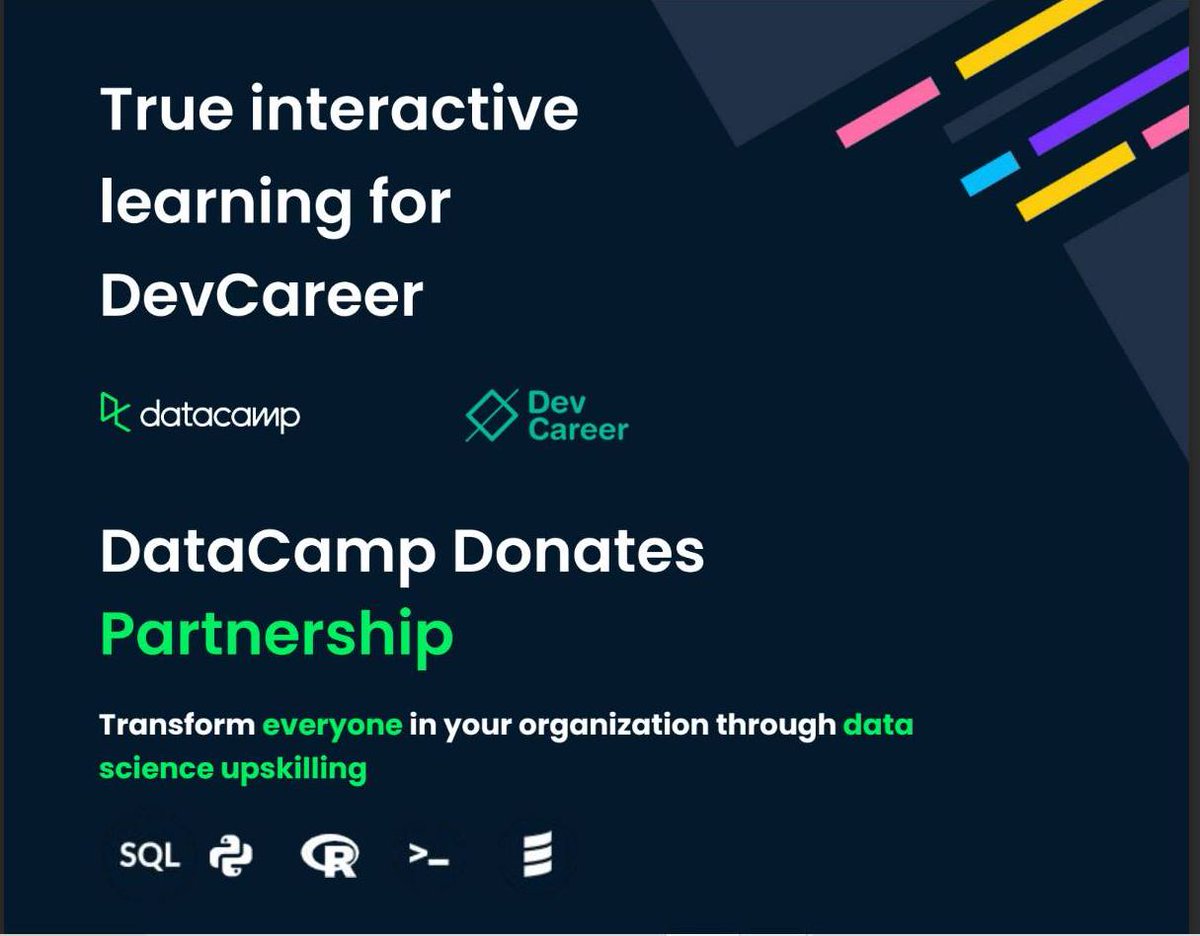 Insight_Coder's tweet photo. Honored to receive a one-year scholarship to the @DataCamp program! 🎉 Looking forward to diving into thousands of interactive courses and mastering new skills in data science and more. Thanks to @DataCamp and @DevCareerHQ for this opportunity! #DevCareerXDataCamp #DCDonates https://t.co/MciABNF7ns