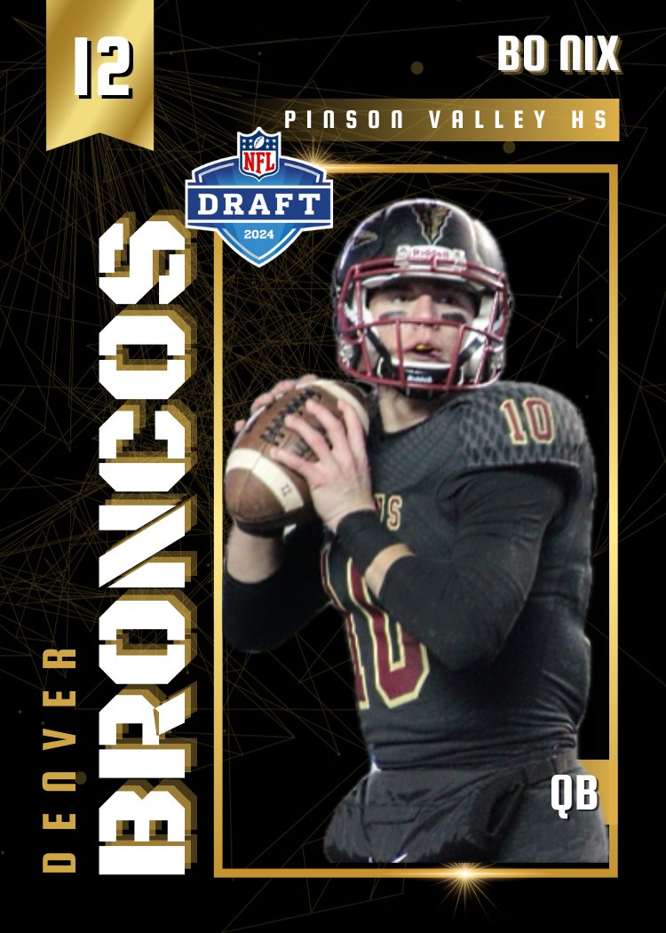 No. 12 Denver Broncos - Bo Nix, QB - Pinson Valley HS, Alabama. Nix was High School Football America's 2018 National Player of the Year. Follow our draft tracker -> bit.ly/3vZRoCL #playfootball #NFLdraft📷📷📷