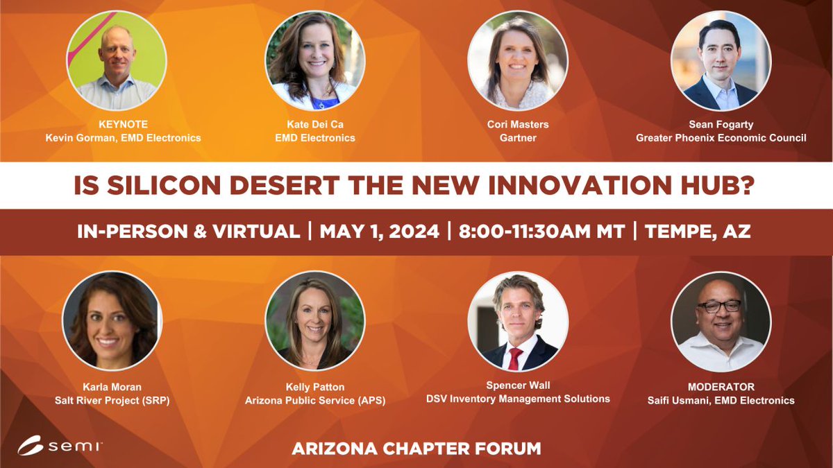 Join #Amkor at the SEMI Breakfast Forum to explore the thriving innovation ecosystem in the #SiliconDesert! Organized by the SEMI AZ Chapter, this event will be in-person & virtual at the EMD Electronics campus in Tempe from 8-11:30 AM.

🔺Register now at bit.ly/3y0Fb0Y