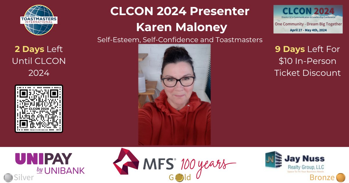 In Toastmasters, we improve speaking and leadership skills. On May 1, Karen Maloney presents 'Self-Esteem, Self-Confidence, and Toastmasters.' Learn how Toastmasters enhances the mind-body connection, confidence, and self-esteem. For registration: district31.org/clcon2024/