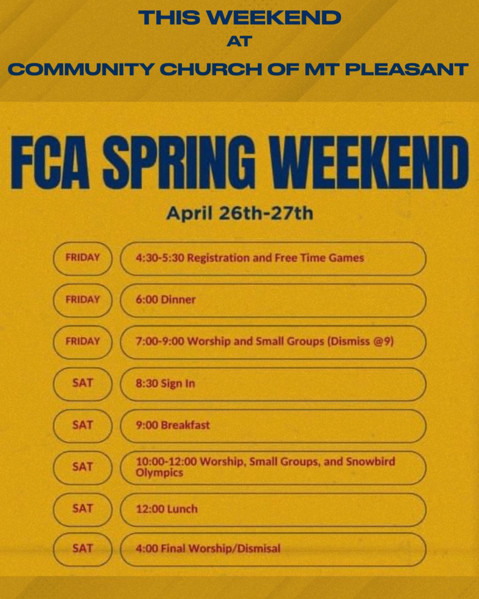 FCA is having a Spring Event this weekend at CCMP.  Open to all middle and high school students.  Come out for fun, food, and fellowship!
