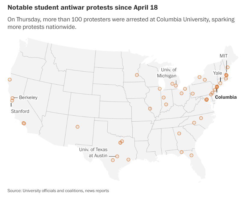 📊📊GRAPHIC📊📊 THE HOTSPOTS OF PROTESTS. #Texas #ColumbiaUniversity #biden