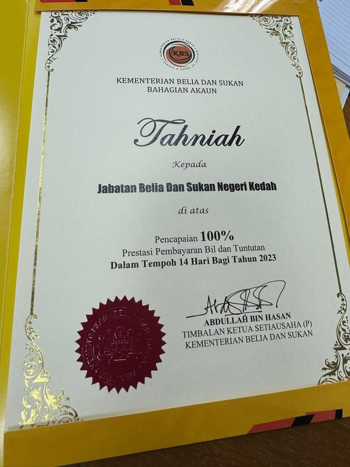 TAHNIAH WARGA JBSN KEDAH: PENERIMA ANUGERAH KHAS PENCAPAIAN 100% PEMBAYARAN BIL DAN TUNTUTAN DALAM TEMPOH 14 HARI (2023), SEMPENA PERHIMPUNAN JABATAN BELIA DAN SUKAN NEGARA (JBSN) BIL. 2 TAHUN 2024

#JBSNBersama
#JBSNKedah
#MalaysiaMadani