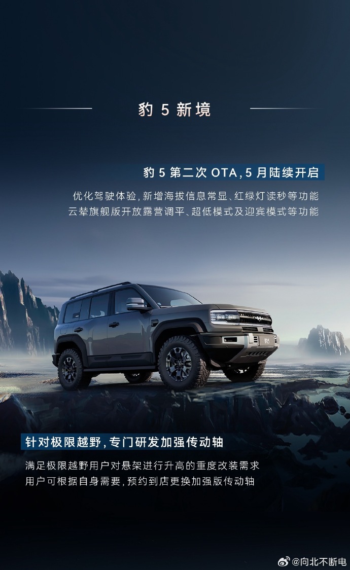 #BYD In May, the bao 5 will open 2nd OTA update Enhancing driving experience, new features include constant altitude display and traffic light countdown. DiSus flagship version adds camping leveling, ultra-low mode, and welcoming mode functions.