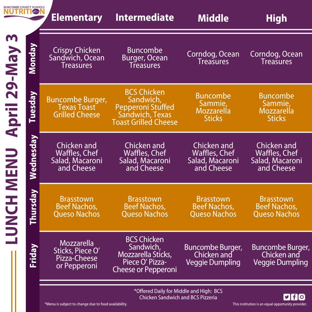 Behind every #SchoolMeal at @BuncombeSchools is a team of culinary wizards who make it all possible. Thank you!🪄🍽️

Please see our complete menu through the link in our bio!

*Menus are subject to change due to supply chain issues. Thank you for your patience and understanding!