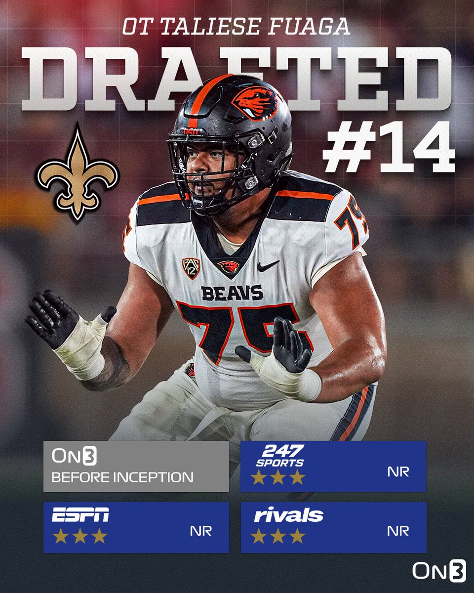 The New Orleans Saints have selected Oregon State OT Taliese Fuaga with the 14th pick in the 2024 NFL Draft🦫 on3.com/nfl/draft/2024/