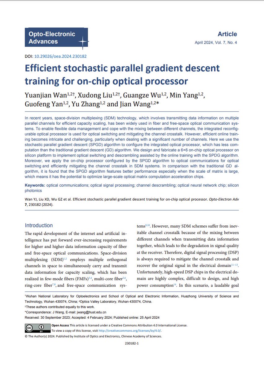 #OEA_highlight Efficient stochastic parallel gradient descent training for on-chip optical processor doi.org/10.29026/oea.2… by Prof. #JianWang from @HUST_China #optical #communications #SignalProcessing #NeuralNetworks #silicon #photonics #chips