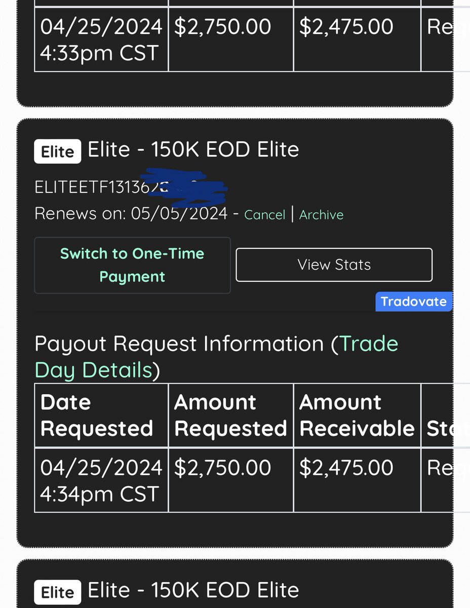 Requested x3 $2,750 @EliteTraderFund 
& another $2k @Topstep 

Totaling up to $28k for month of April 🤝

Been averaging 10-15k/month for last 6 months consistently. 

I know I could’ve scaled up already but I am trying to be cost effective & efficient while being patient.