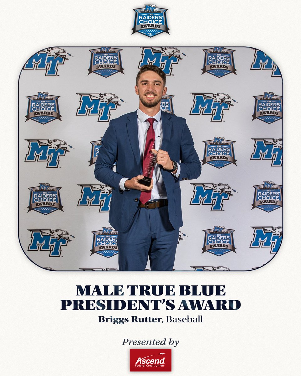 Middle Tennessee Athletics (@mtathletics) on Twitter photo Male True Blue Presidentβs Award β Briggs Rutter, <a href="/MT_Baseball/">Middle Tennessee Baseball</a>
#RCA2024 Male True Blue Presidentβs Award β Briggs Rutter, <a href="/MT_Baseball/">Middle Tennessee Baseball</a>
#RCA2024