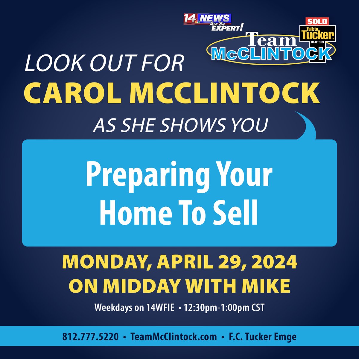 🗓️ Selling your home? 🏡💡 Catch Carol McClintock on #MiddayWithMike, TODAY at 12:30 PM CST on 14WFIE for pro tips on getting your home sale-ready! Don’t miss out!
#RealEstateTips #SellSmart #TeamMcClintock #AskTheExpert @fctuckeremge