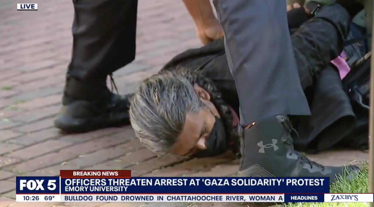 We condemn the arrest of the 28 people at Emory who were gathered peacefully in solidarity with Palestine. Among them was Emory prof Dr. Keme, who also serves as our beloved Prof of Indigenous Studies. He was checking in on students when he was slammed to the ground and arrested.