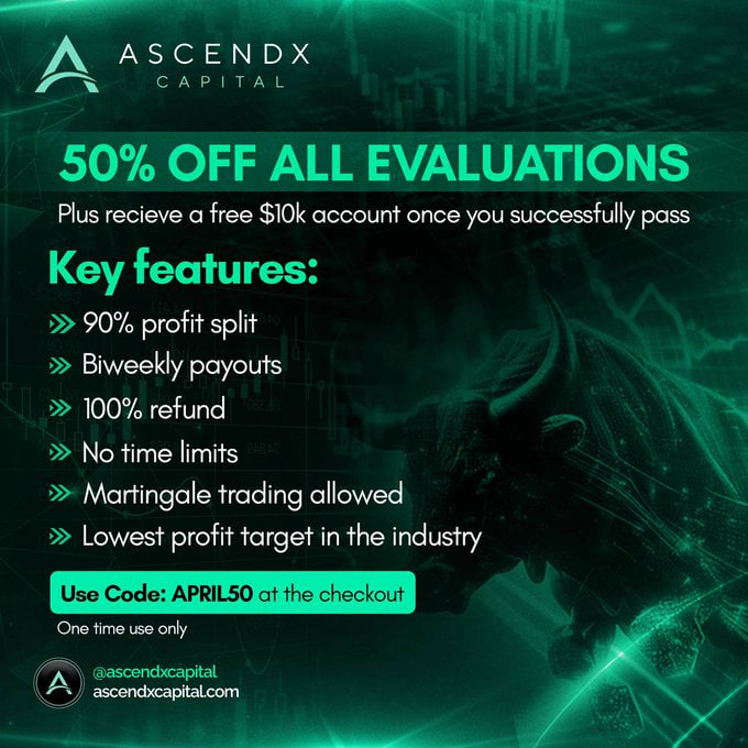 50% DISCOUNT ON ALL EVALUATIONS🔥 Code: APRIL50 🎟 Affiliate Code: THEPROFITEERS 🎟 Purchase Here: app.ascendxcapital.com/signup/THEPROF…