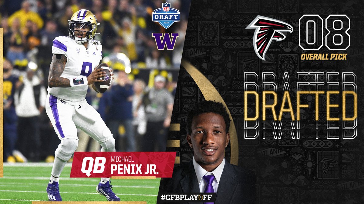 After leading the Huskies to their first-ever #CFBPlayoff National Championship appearance, @UW_Football QB Michael Penix Jr. (@themikepenix) is selected eighth overall in the 2024 #NFLDraft by the @AtlantaFalcons!