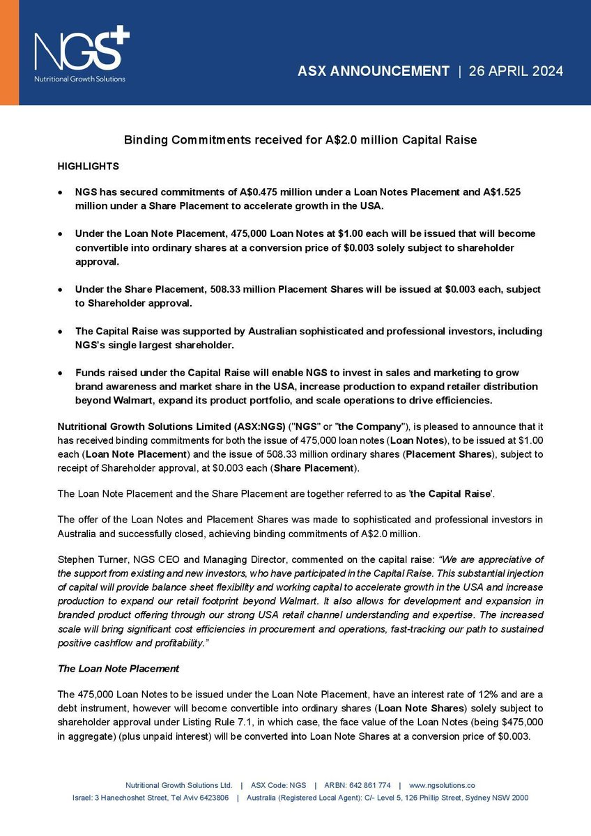 $NGS is pleased to announce that it has received binding commitments for both the issue of 475,000 loan notes and the issue of 508.33 million ordinary shares, subject to receipt of Shareholder approval, at $0.003 each.

buff.ly/44gKRA2