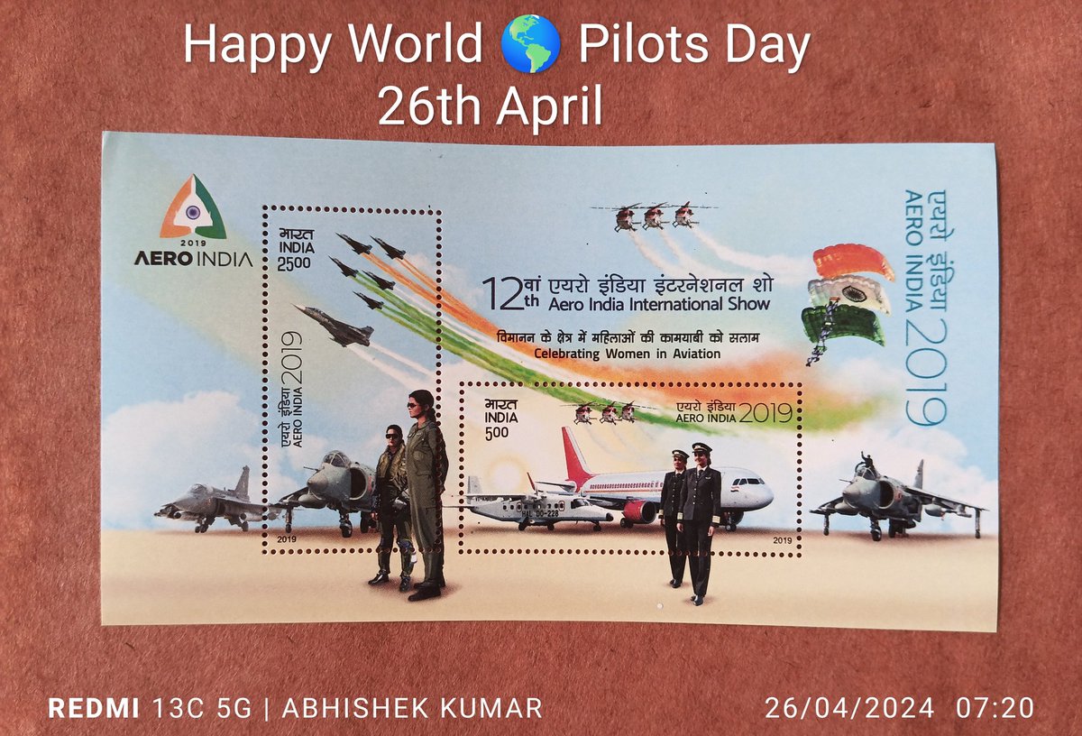 Happy World 🌍 Pilots Day 
26th April 
12th Aero India International Show
Celebrating Women in Aviation 
AERO INDIA 2019

#pilotsday #IndiaPost #Stamps #philately