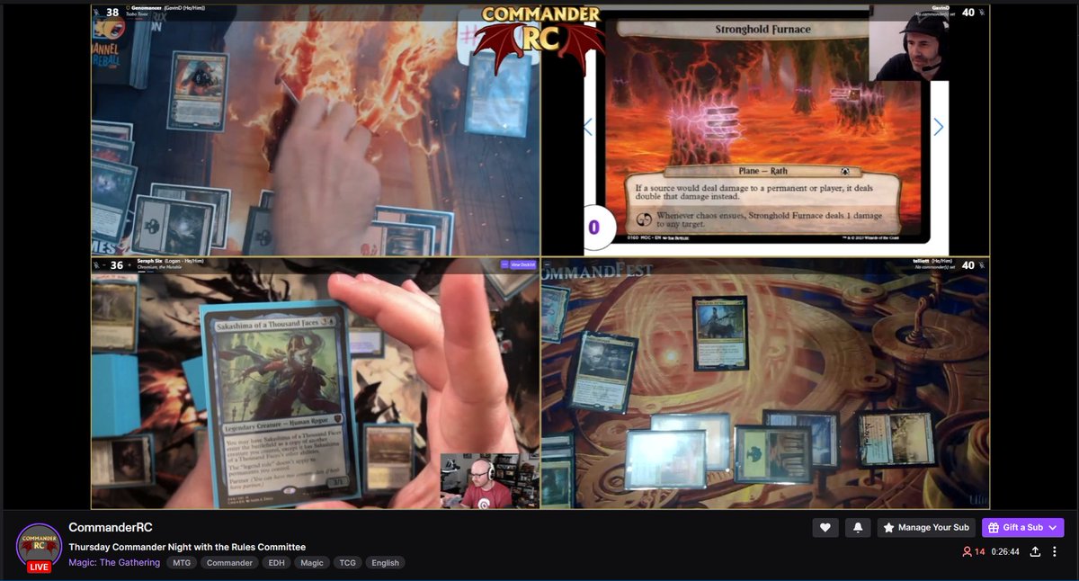 Thu, Apr 25, 6:52 PM PST @mtgcommander is LIVE on the purple app (commanderrc) where it looks like a 3-person Planechase EDH game has broken out between @genomancer, @tobyelliott & @seraph_six! Go say hello in chat and enjoy the shenanigans!
