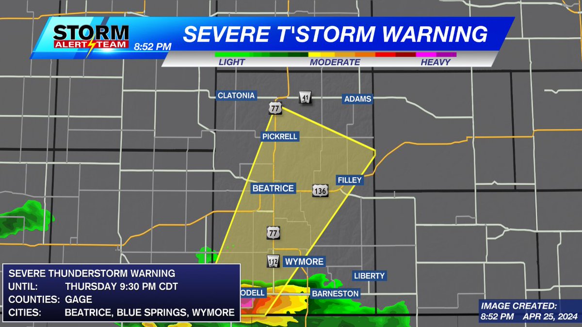 WEATHER ALERT: A Severe Thunderstorm Warning has been issued in Gage County. Stay with the Storm Alert Team for the latest weather information.