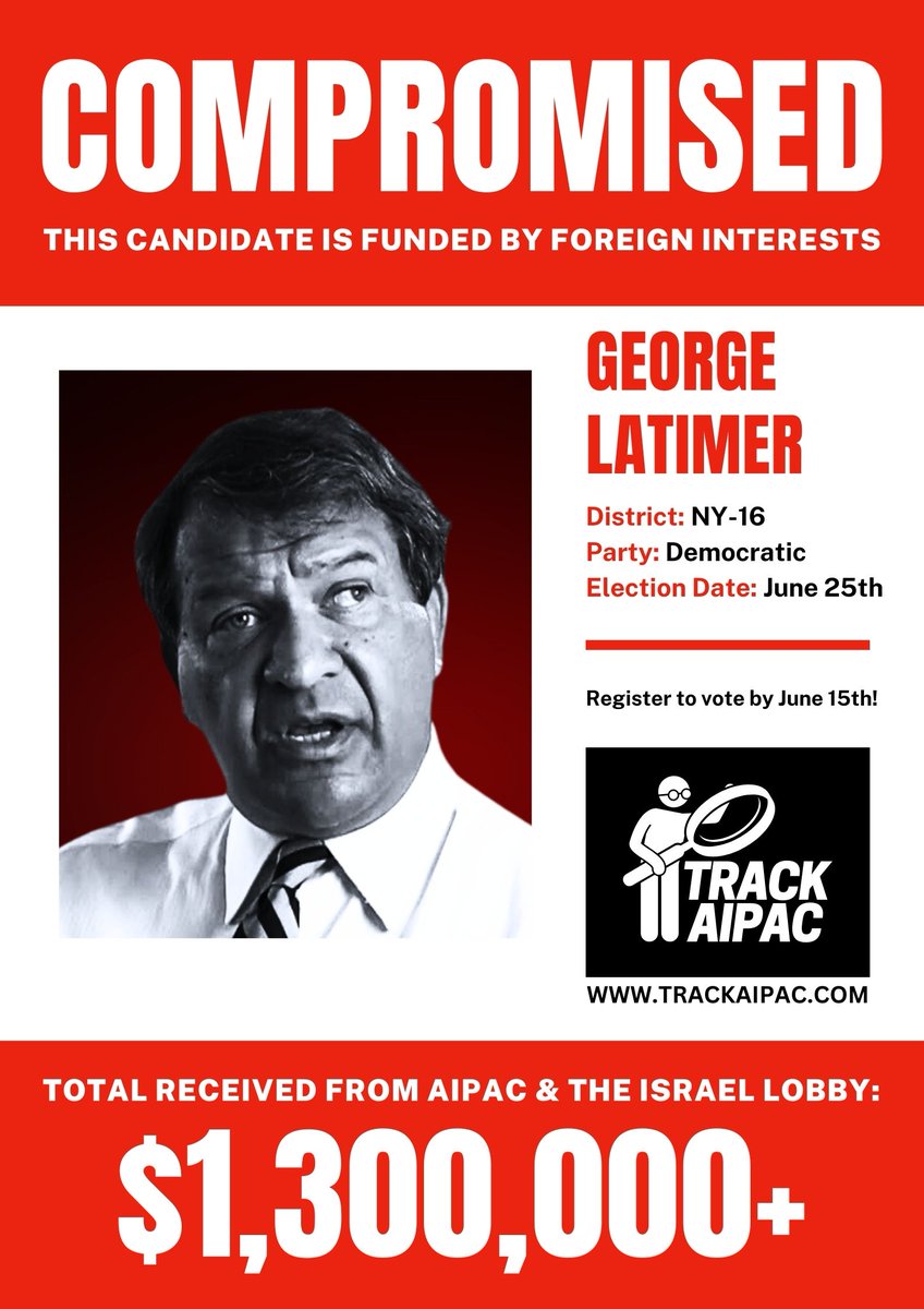 Introducing Track AIPAC posters! Now available to download and print from our website! 

It's time to let #NY16 know that @LatimerforNY is COMPROMISED. George Latimer has received >$1.3 MILLION from AIPAC and the Israel lobby! Spread the word! 

🖨️ trackaipac.com/posters