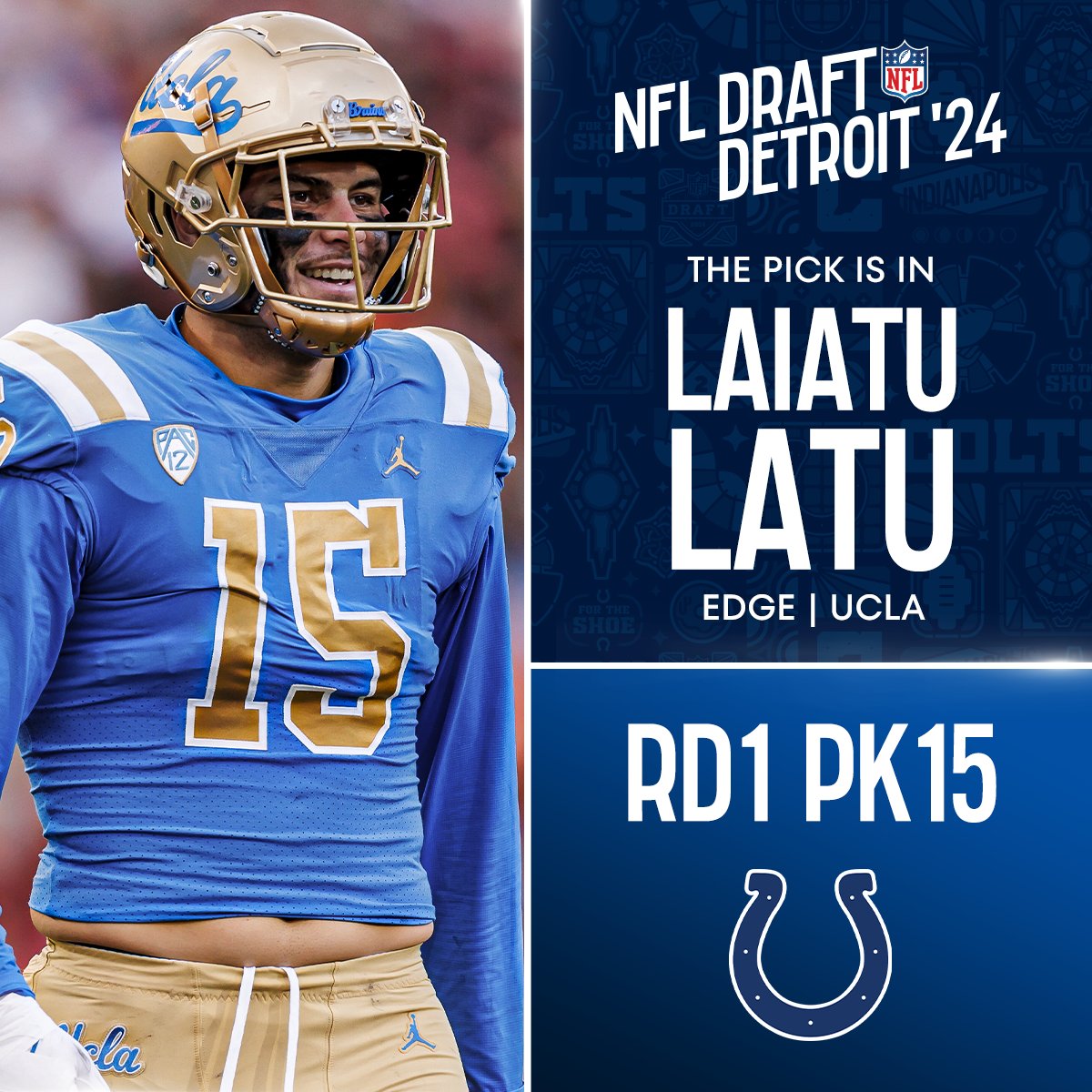 With the No. 15 overall pick in the 2024 @NFLDraft, the @Colts select Laiatu Latu! @NewEraCap 📺: #NFLDraft on NFLN/ESPN/ABC 📱: Stream on #NFLPlus