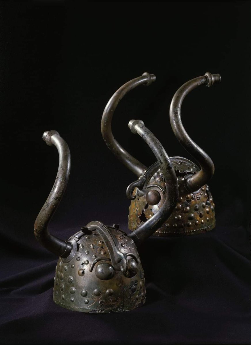 These two bronze helmets were discovered near Veksø (Viksø), west of Copenhagen, and date back to around 1000 BC. These helmets were not intended for warriors but were part of a priestly costume used in religious rituals. Each helmet is adorned with bull's horns and decorated…