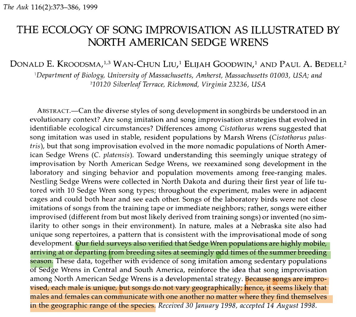 Read this abstract if you love birds and their songs.