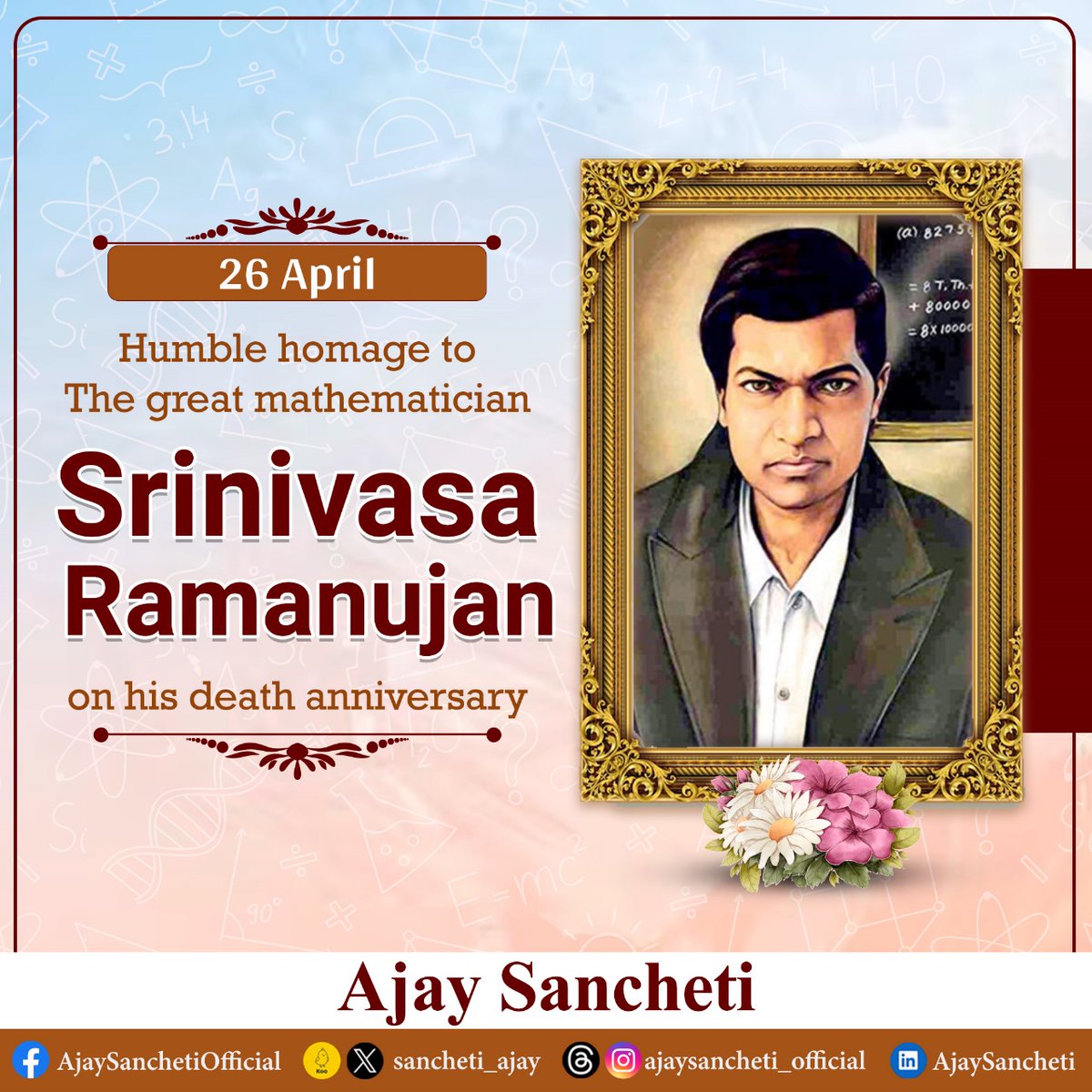 Humble homage to the great Mathematician Srinivasa Ramanujan on his death anniversary.

#SrinivasaRamanujan
