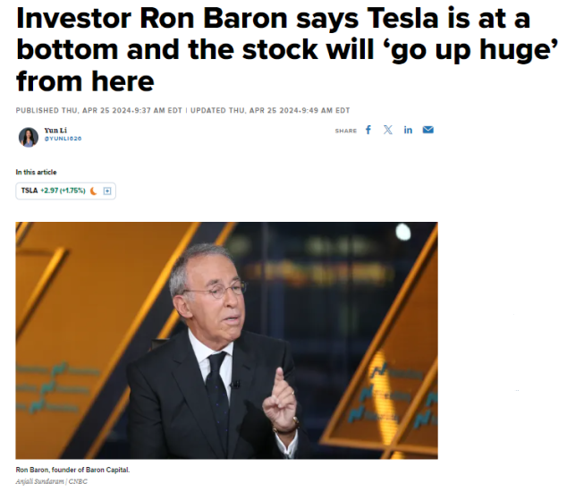 Tesla $TSLA has bottomed and is going to go up HUGE says mutual fund manager Ron Baron