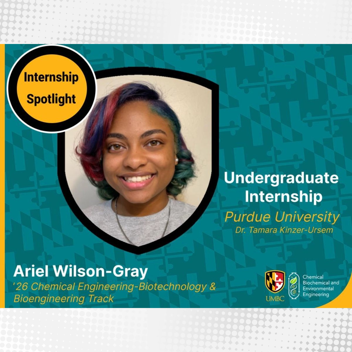 UMBC_CBEE's tweet photo. Ariel Wilson-Gray, ‘26 chemical engineering - biotechnology & bioengineering track is #undergraduate #researcher with @jorge_almodovar and #UMBC #faceofscience.
In 2023, she conducted research @purdueengineers 👀https://t.co/JCbpakZCev
@enhancescience https://t.co/AgBGRykwJ6