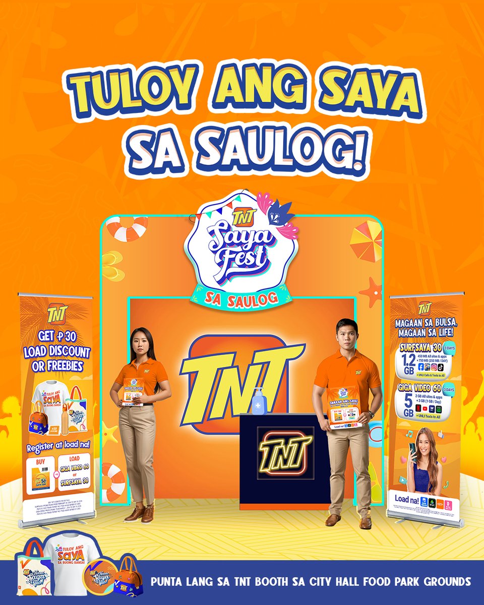 Tuluy-tuloy ang summer FREEBIES at SAYA sa #TNTSayaFestSaSaulog 🙌 Mag-load lang ng TNT Promos sa TNT Booth para makakuha ng TNT prizes at merchandise. We're located at the City Hall Food Park Grounds from April 26 hanggang May 1, 2024. See you there, KaTropa!