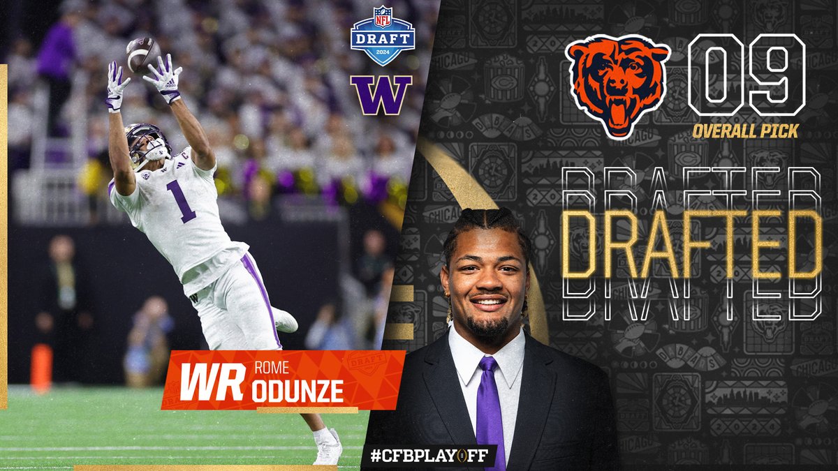 From one lakefront to another. @UW_Football WR @RomeOdunze is the second straight Husky to be picked in the first round of the 2024 #NFLDraft, selected ninth overall by the @ChicagoBears! #CFBPlayoff