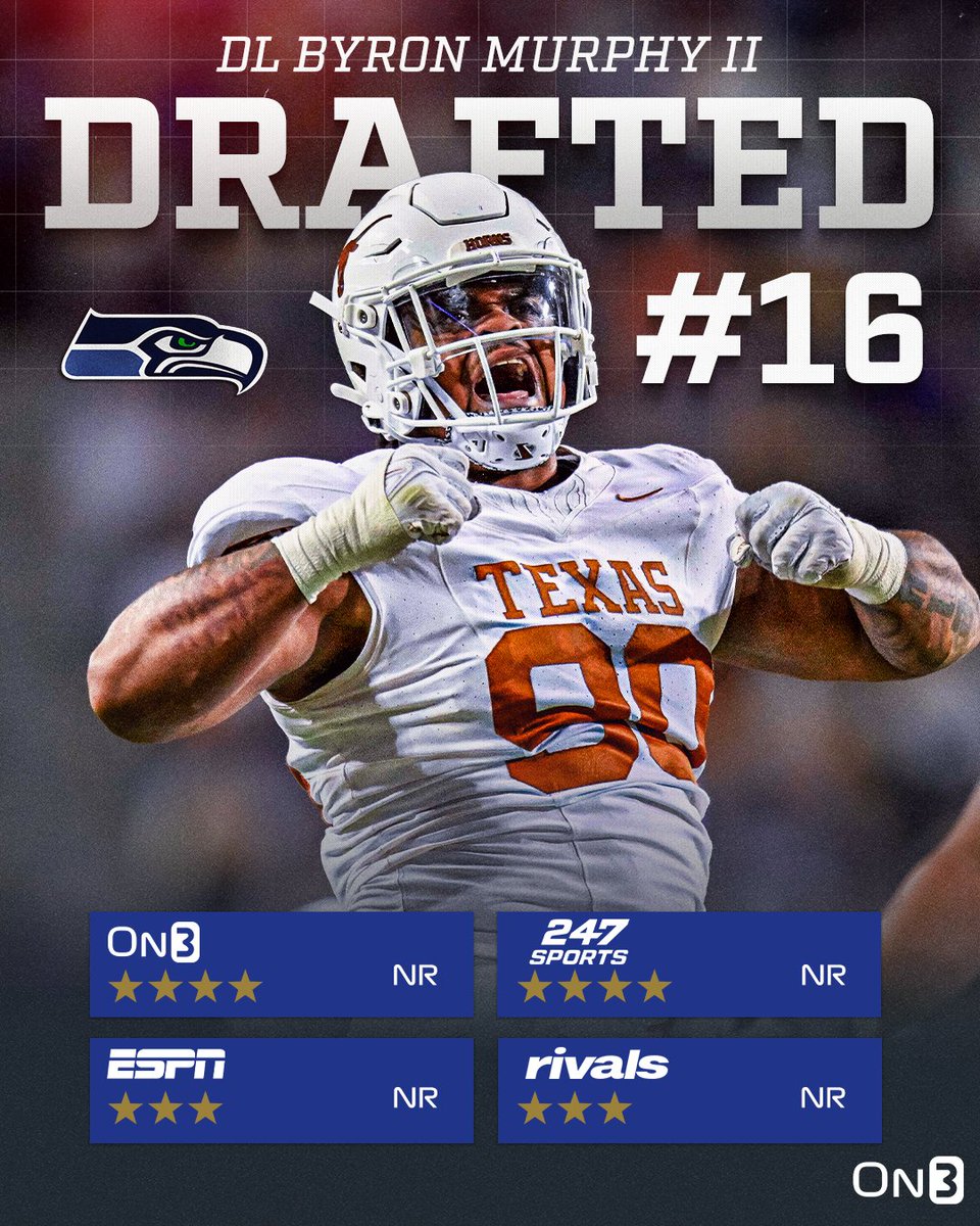 The Seattle Seahawks have selected Texas DL Byron Murphy II with the 16th pick in the 2024 NFL Draft🤘 on3.com/nfl/draft/2024/