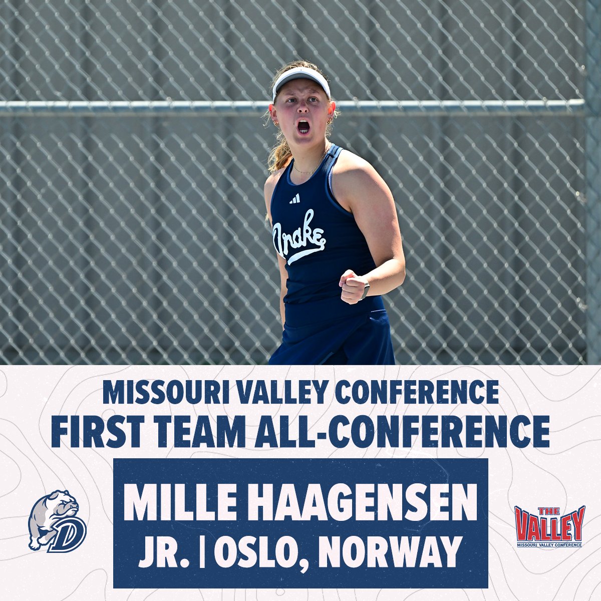 𝐅𝐢𝐫𝐬𝐭 𝐓𝐞𝐚𝐦 𝐀𝐥𝐥-𝐂𝐨𝐧𝐟𝐞𝐫𝐞𝐧𝐜𝐞 !!

Mille Haagensen was named to the MVC First Team All-Conference in the number two singles spot. Congrats Mille!

🎾📰➡️ shorturl.at/rEGR3

#DSMHometownTeam