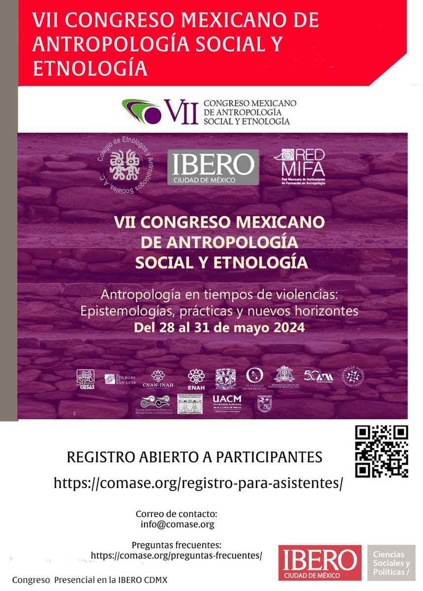 Prepárate para sumergirte en el mundo de la antropología! 🌍 El VII Congreso Mexicano de Antropología Social y Etnología te espera. 🎓 📆 Fecha: Del 28 al 31 de mayo de 2024 📍 Lugar: IBERO Ciudad De México 🔗 Registro: ¡Ya está abierto! Asegura tu lugar ow.ly/RF3R50RogNg