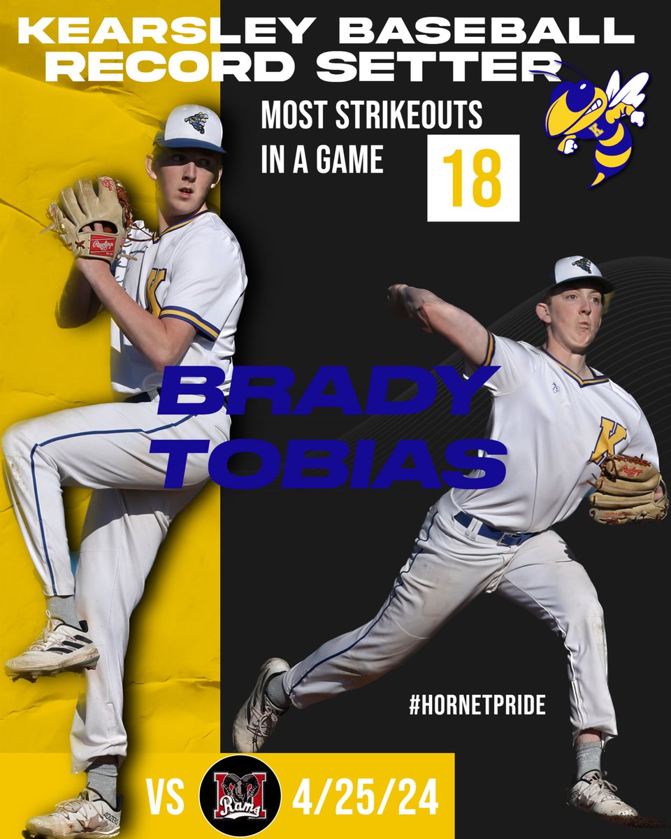 Brady Tobias led Kearsley Baseball to a victory over Montrose today throwing 6 1/3 inning’s while only allowing 1 run and striking out a school record 18 batters! #HornetPride #KearsleyBaseball