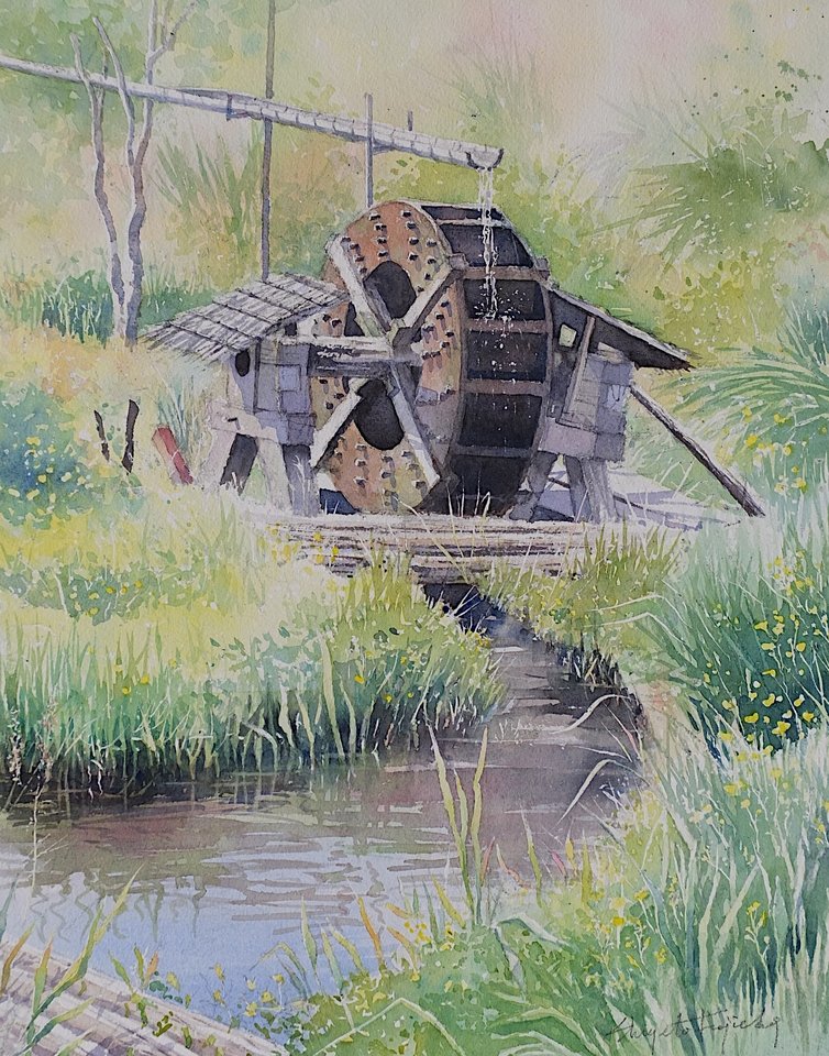 #透明水彩 #水彩画 #Watercolor #Watercolour #landscapepainting #水車 #岩間 

旧岩間地区 土師 水車とめだかの池
春から初夏は古代米やミズクサの穂の優しい緑に包まれ、秋には近くの栗園の焼き栗が楽しめる♪

〈水音〉
Kasama City Ibaraki Japan
Watercolor / Arches C.P41.0×31.0cm