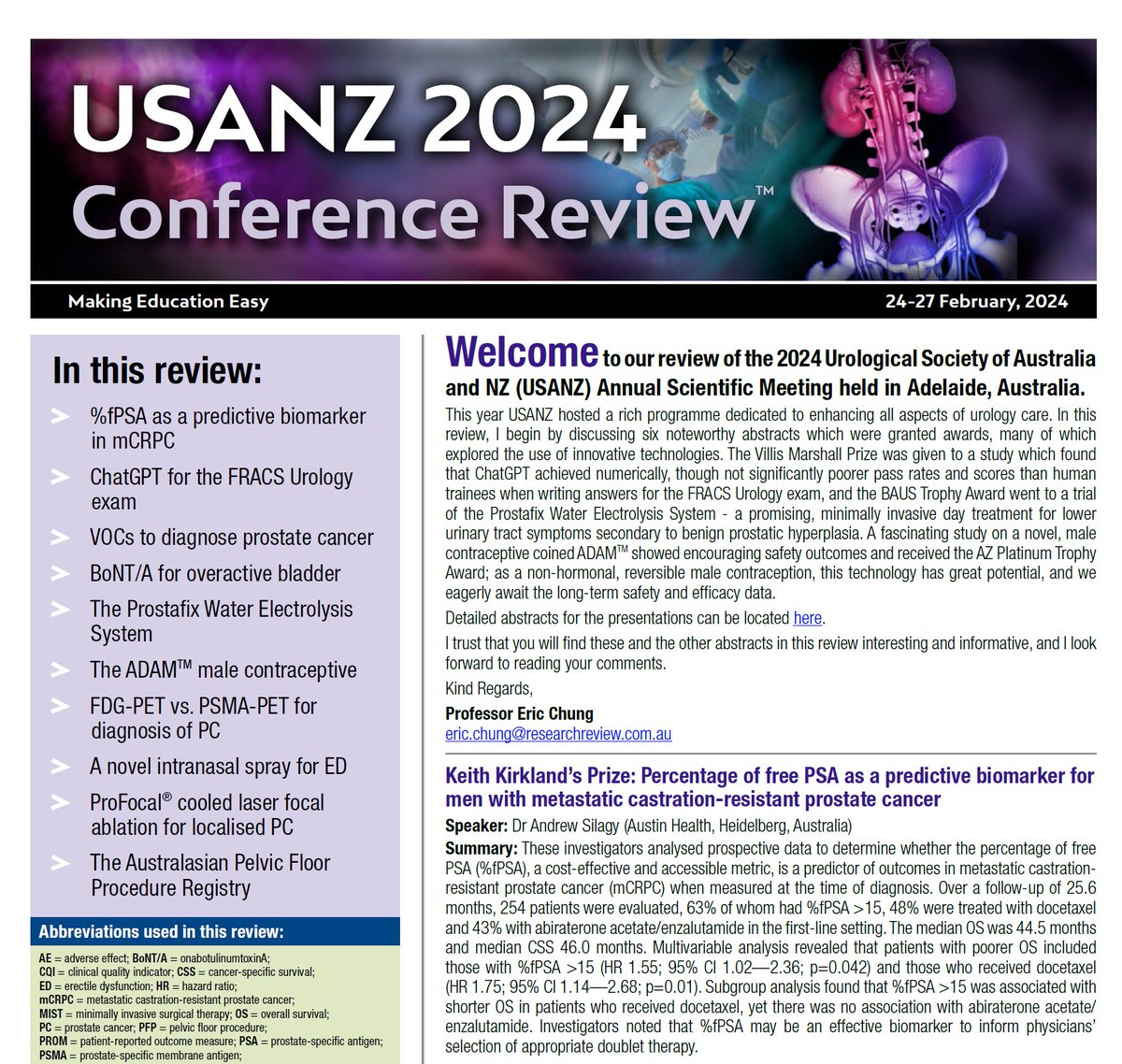 Urological Society of Australia and New Zealand 2024 Conference Review with Professor Eric Chung covers the highlights. researchreview.com.au/au/Clinical-Ar… #USANZ24 @USANZUrology